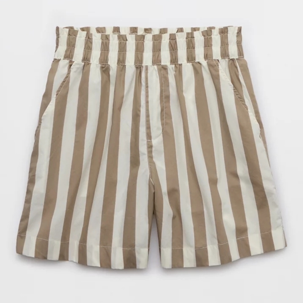 Aerie Good Day High Waist Striped Shorts - Tan and White